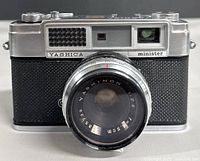 Front view of Yashica Minister camera showing lens, viewfinder and branding