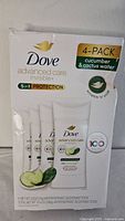 Front of box showing Dove branding, product name, scent, 4-pack, size
