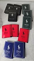 Assorted Ralph Lauren fragrance sample sleeves laid out showing counts and labels