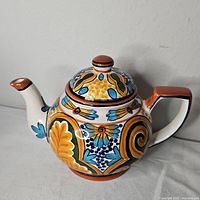 Full view of teapot right side showing handle, spout, lid and painted pattern