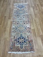 Full view of rug on wood floor showing overall pattern and size