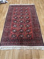 Full overhead view of entire rug showing pattern, borders and fringe