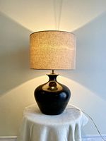 Full view of lamp illuminated showing base and shade