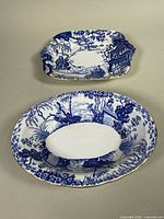 Two Mikado Blue pieces, square plate and oval bowl overview
