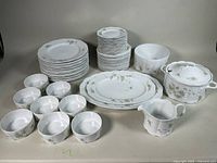Full set showing platters, plates, bowls, tureen and gravy boat