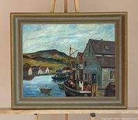 Framed painting on easel showing full artwork and frame