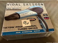 Front of retail box showing Vidal Sassoon 1875W Professional Ion Select Turbo Dryer