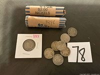 Overall lot: two nickel rolls, 1883 V-nickel in flip, loose Buffalo nickels, loose nickels