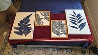 Four framed botanical prints laid on bed showing designs and frames