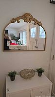 Mirror, bowl and two faux plants displayed together