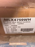 Box label showing model MLX4759WH, 1" vinyl cordless mini blind, size 47 × 59 in, white
