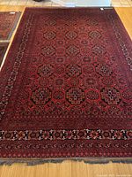 Full view of wool rug showing pattern and fringe