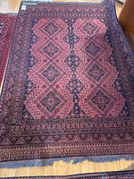 Full view of wool rug showing pattern and fringe