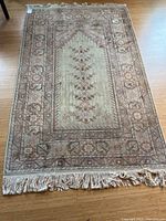 Full view of rug showing overall design, fringe and condition