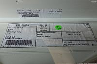 Manufacturing label detailing model, size, codes