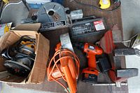 Overall lot showing vise, router in box, Routermate base, Work Wheel, drill, FireStorm items, router bit set