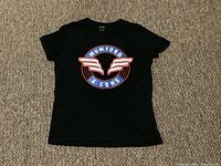 Front view of black Mumford & Sons ladies T-shirt showing winged logo