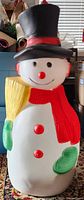 Front view of snowman showing colors, buttons, broom and scarf