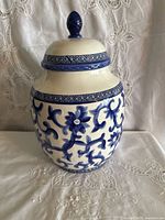 Front view of Lauren Ralph Lauren Mandarin Blue porcelain lidded jar
