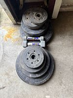 Stack of assorted weight plates plus two small hex dumbbells