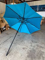 Umbrella open showing underside, lights on ribs, tilt joint