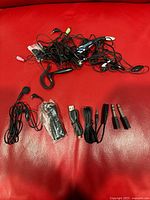 Entire assortment laid out on red surface