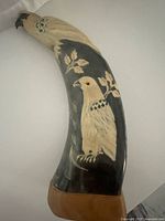 Full curved horn showing bird design