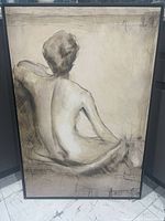 full view framed charcoal nude drawing
