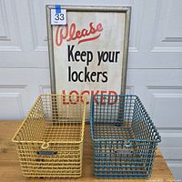 yellow and blue locker baskets with framed sign
