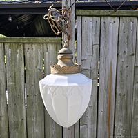 Full view of pendant light hanging outdoors showing shade, fitter, chain