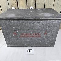 Front of galvanized ice box showing stencilled lettering