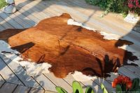 Top view of cowhide rug on deck showing color and pattern
