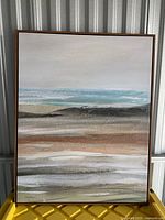 Full view of one canvas showing abstract landscape and wood float frame