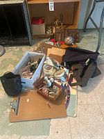 Overhead view of entire group of office supplies on floor