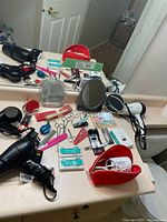 Overview of all personal care items on vanity counter