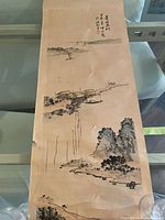 Full view of the scroll showing entire painted landscape and calligraphy