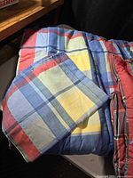 Blue yellow red plaid comforter close-up showing pattern
