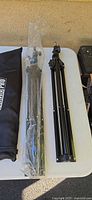 Two collapsed light stands and black nylon bag