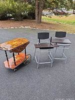Full view of beverage cart, two bar stools and two shelves