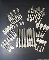 Full layout of Birks sterling silver flatware set showing all pieces
