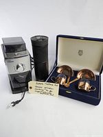Overall lot: grinder, travel mug, boxed espresso set