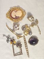 Eight brooches arranged on white cloth