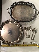 Group shot showing both trays, all spoons and measuring tape for scale
