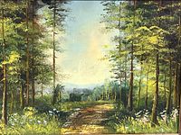 Full view of painting without frame showing forest scene