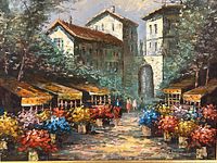 Close view of painted scene with flower stalls and stone buildings