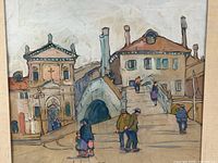 close-up of artwork center left showing figures and architectural detail