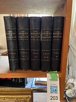 Spines of five leather-bound volumes showing titles and volume numbers 4-12