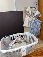 Overall view of steamer, hose, and two clothespin bags