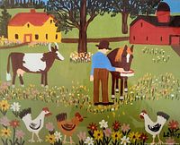 close view of lithograph image showing farm scene and signature