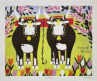 Front view of Maud Lewis lithograph "Oxen in Spring" showing entire artwork